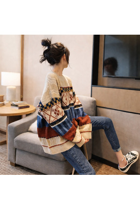 Kadın Oversize Desenli Triko Kazak | Bohem Etnik Salaş Kışlık Kazak Image 3