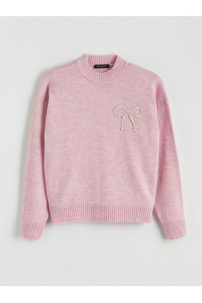 LCW Comfort Pembe Dik Yaka Boncuk Işlemeli Kadın Triko Kazak Image 2