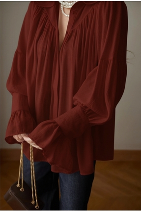 Bordo Büzgü Ve Kol Detaylı Gömlek Image 1