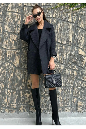 Kadın Antrasit Balıksırtı Desenli Astarlı Oversize Kaşe Kaban Image 0