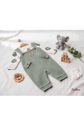 Bebek Erkek 3'lü Tulum Takımı Salopet Ve Çorap Seti Ayıcık Desenli Badi Ayı Nakışlı Pamuklu Unısex Image 3