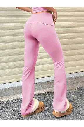 Pembe Renk Beli Katlanır Lastikli Flare İspanypl Paça Panlalon, Bel Katlamalı Tayt Image 4