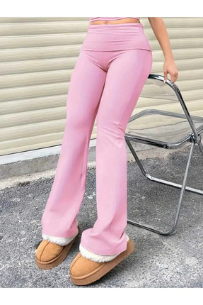 Pembe Renk Beli Katlanır Lastikli Flare İspanypl Paça Panlalon, Bel Katlamalı Tayt Image 0