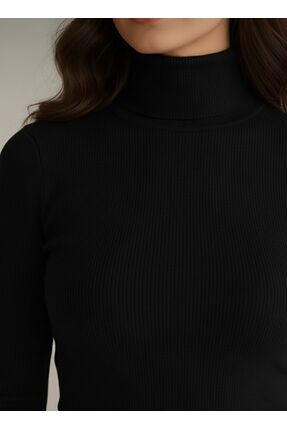 Kadın Siyah Fitilli Balıkçı Yaka Pamuklu Boğazlı Kazak Image 1