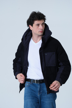 ERKEK MONT Kapüşonlu Pamuk Kumaş Detaylı Peluş Mont Image 1