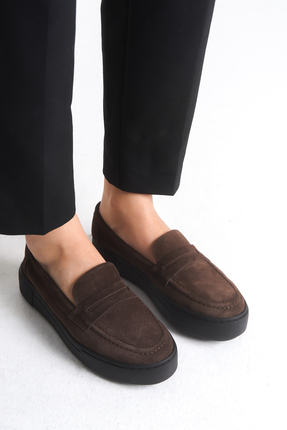 Kadın Kahverengi Hakiki Süet Deri Düz Casual Loafer Günlük Şık Ayakkabı Image 6