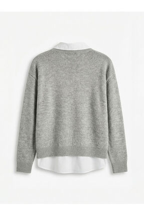 Gri Gömlek Yaka Kadın Triko Kazak Image 1