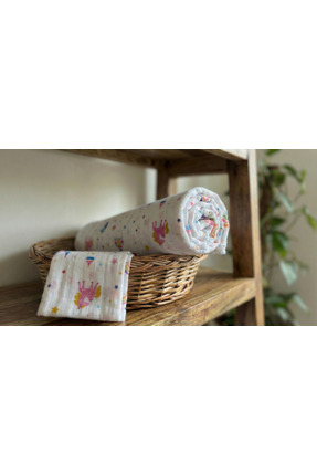 Desenli Müslin Bebek Battaniyesi, %100 Pamuklu Kundak Örtüsü (Ağız Mendili Hediyeli) Image 0