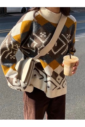 Kadın Renkli Desenli Oversize Salaş Triko Kazak Image 3