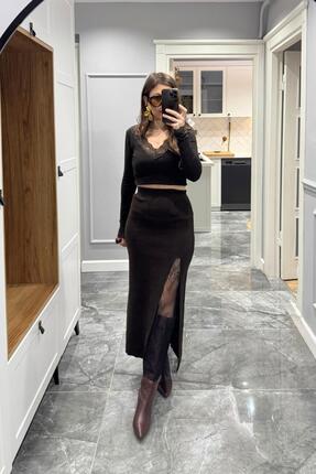 Dantel Detaylı Triko Etek Kahverengi Image 0