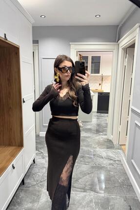 Dantel Detaylı Triko Etek Kahverengi Image 1