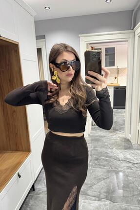 Dantel Detaylı Triko Etek Kahverengi Image 4