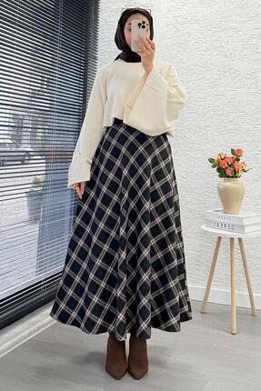 Kemerli Yandan Fermuarlı Ekose Desen Etek - Siyah Image 2