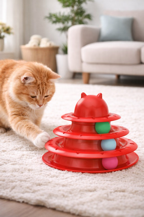 3 Katlı Hareketli Toplu Kedi Oyuncağı Kırmızı – Sıkılmayı Önleyen, Evde Enerji Atıcı Oyuncak Image 0