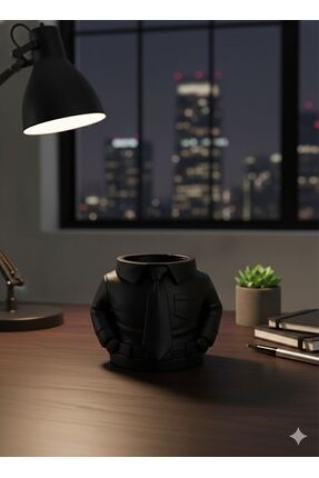 Gömlek Kravat Tasarımlı Masaüstü Kalemlik - Dekoratif Ofis Organizeri ve Yönetici Hediyesi Siyah Image 2