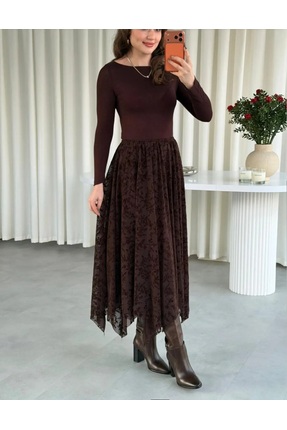 Kadın Şal Desenli Şifon Etek - Astarlı Tül Detaylı Bohem Midi Boy Kloş Etek Image 2