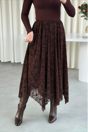 Kadın Şal Desenli Şifon Etek - Astarlı Tül Detaylı Bohem Midi Boy Kloş Etek Image 1