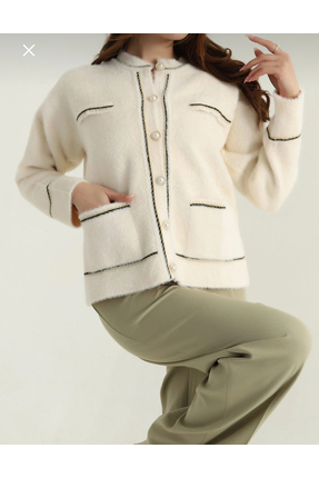 kadın ekru bebe yaka inci düğmeli cepli yumoş hırka Image 0