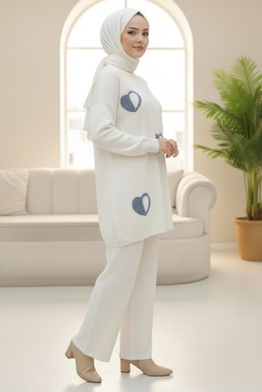 Kalp Taş Detaylı Triko İkili Takım Krem - 28123-KREM Image 0