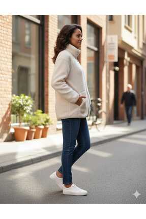 Bej Kadın Pelüş Rüzgar Geçirmez Kışlık Çeket Image 1