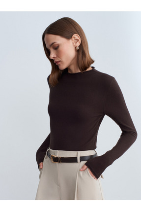 10841 Dik Yaka Kaşmir Karışımlı Triko Kazak-Koyu Kahve Image 2