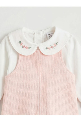 LCW baby Pembe Bebe Yaka Çiçekli Kız Bebek Salopet Elbise Image 1
