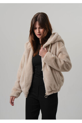 KADIN MONT Kapüşonlu Kadın Peluş Rabit Mont Image 4