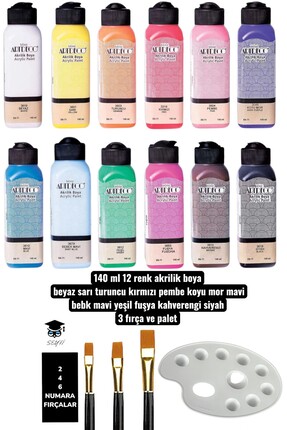 140 ML 12'Lİ AKRİLİK BOYA SETİ 3 ADET FIRÇA VE PALET AHŞAP BOYAMA SANAT SETİ Image 0