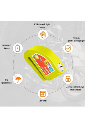Motor Alarmlı Disk Kilidi 6mm 110db Ses Kalitesi(DİSK RENGİ KARIŞIK GÖNDERİLİR) Image 4