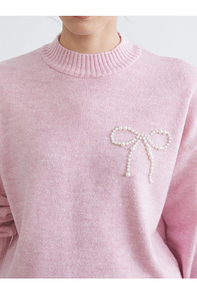 LCW Comfort Pembe Dik Yaka Boncuk Işlemeli Kadın Triko Kazak Image 3