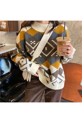 Kadın Renkli Desenli Oversize Salaş Triko Kazak Image 4