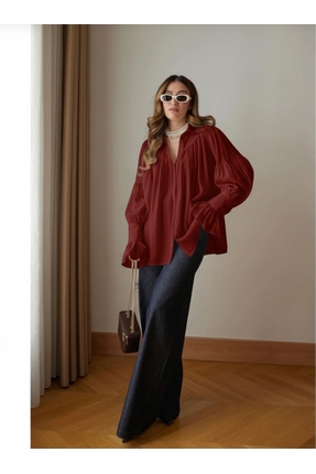 Bordo Büzgü Ve Kol Detaylı Gömlek Image 0