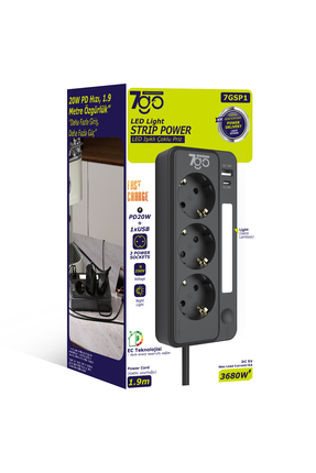7GSP1 3680W 3'lü Priz Siyah | Akım Korumalı | 20W PD Hızlı Şarj USB | 1.9m Kablolu Akıllı LED Ge Image 4