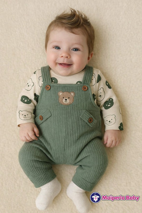 Bebek Erkek 3'lü Tulum Takımı Salopet Ve Çorap Seti Ayıcık Desenli Badi Ayı Nakışlı Pamuklu Unısex Image 0