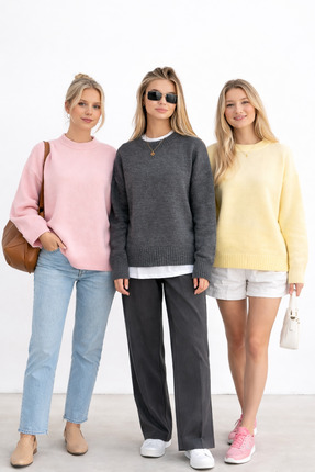 Kadın 3`lü Paket Bisiklet Yaka Oversize Triko Kazak Image 0