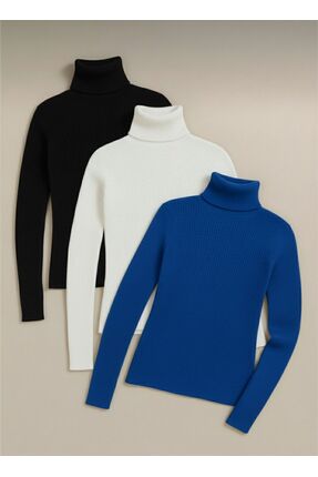 Kadın Siyah Beyaz Mavi Fitilli Balıkçı Yaka 3’lü Paket Pamuklu Boğazlı Kazak Image 0