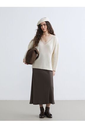 LCW Vision V Yaka Dantel Detaylı Oversize Kadın Triko Kazak Image 3