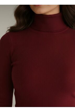 Kadın Bordo Fitilli Balıkçı Yaka Pamuklu Boğazlı Kazak Image 1