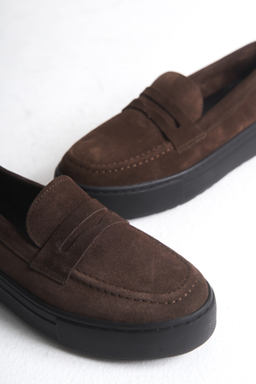 Kadın Kahverengi Hakiki Süet Deri Düz Casual Loafer Günlük Şık Ayakkabı Image 1