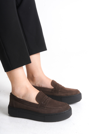 Kadın Kahverengi Hakiki Süet Deri Düz Casual Loafer Günlük Şık Ayakkabı Image 3