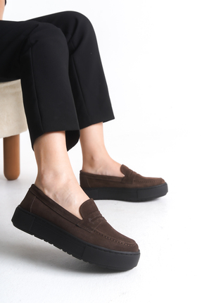 Kadın Kahverengi Hakiki Süet Deri Düz Casual Loafer Günlük Şık Ayakkabı Image 4