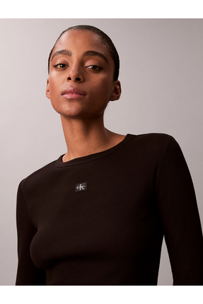 Uzun Kollu Dokuma Etiketli 2x2 Fitilli Bisiklet Yaka Kadın Siyah Bluz LV047E205G-UB1 Image 3