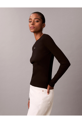Uzun Kollu Dokuma Etiketli 2x2 Fitilli Bisiklet Yaka Kadın Siyah Bluz LV047E205G-UB1 Image 4