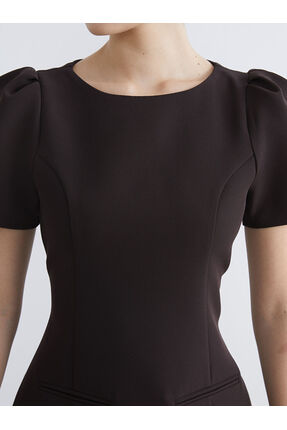 Kahverengi Bisiklet Yaka Karpuz Kol Mini Elbise Image 2