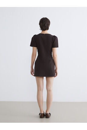 Kahverengi Bisiklet Yaka Karpuz Kol Mini Elbise Image 3