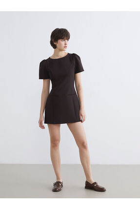 Kahverengi Bisiklet Yaka Karpuz Kol Mini Elbise Image 1