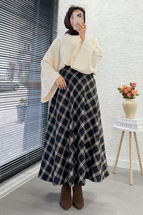 Kemerli Yandan Fermuarlı Ekose Desen Etek - Siyah Image 4