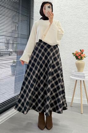 Kemerli Yandan Fermuarlı Ekose Desen Etek - Siyah Image 0