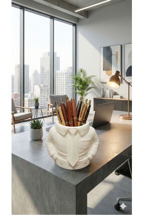 Gömlek Kravat Tasarımlı Masaüstü Kalemlik - Dekoratif Ofis Organizeri ve Yönetici Hediyesi Beyaz Image 0