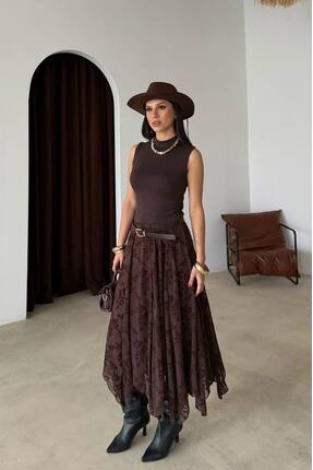 Kadın Şal Desenli Şifon Etek - Astarlı Tül Detaylı Bohem Midi Boy Kloş Etek Image 0